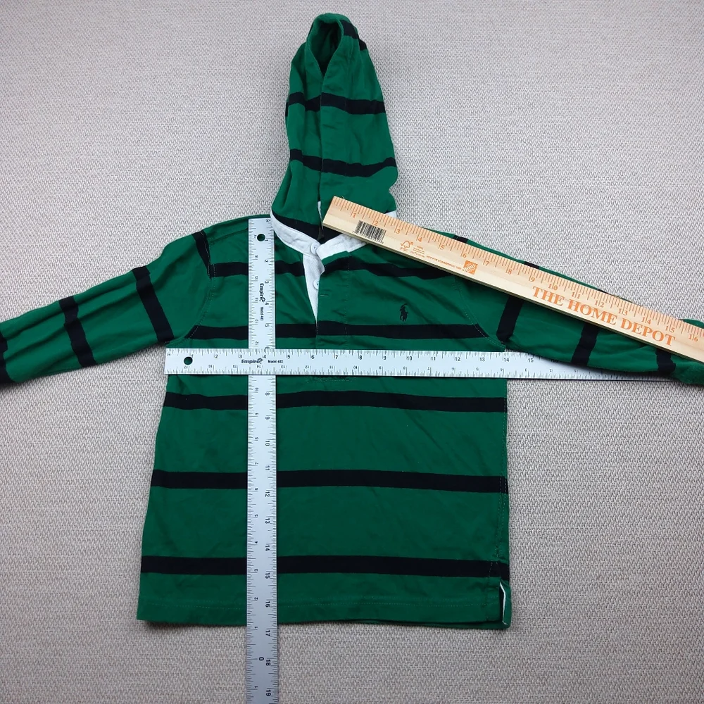 Polo Ralph Lauren, Hoodie L/S Collared Rugby Shirt ,Green W/ Black Stripes, Sz 4